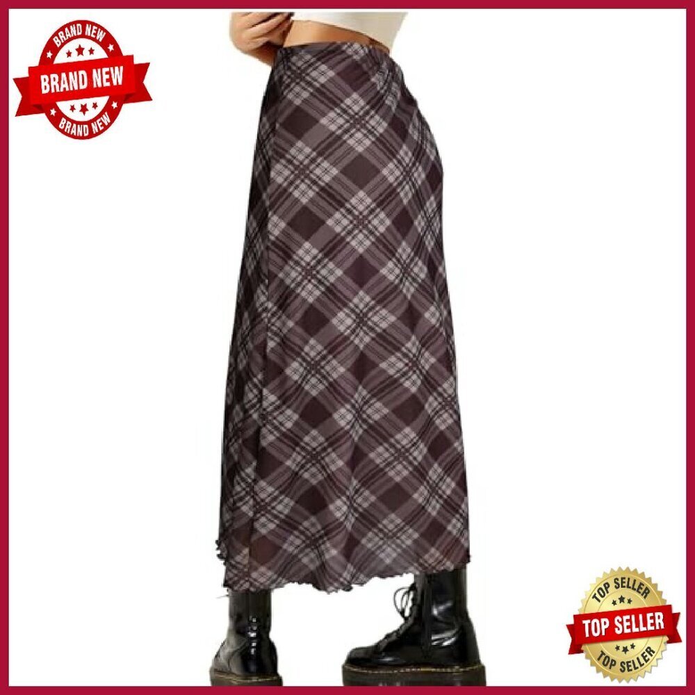 High Waisted Midi Skirt Mesh Flowy Plaid X-Large - Picture 3 of 8